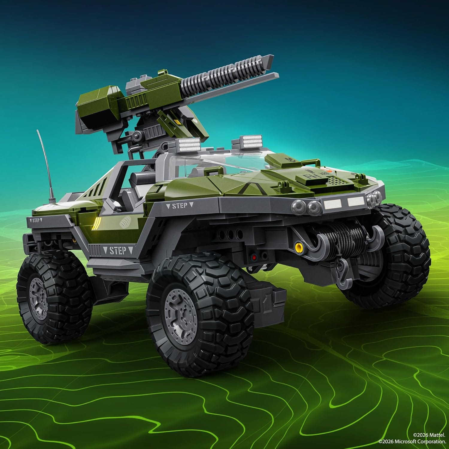 Buildable Mattel Warthog set from the side on a map that denotes hilly terrain