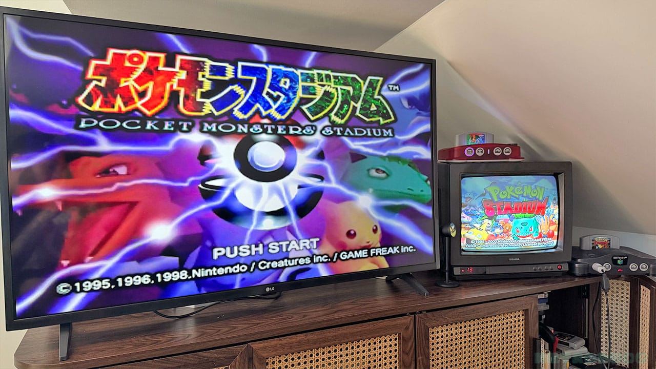Pocket Monsters Stadium on a 4K TV, with Pokémon Stadium on a small CRT beside it.