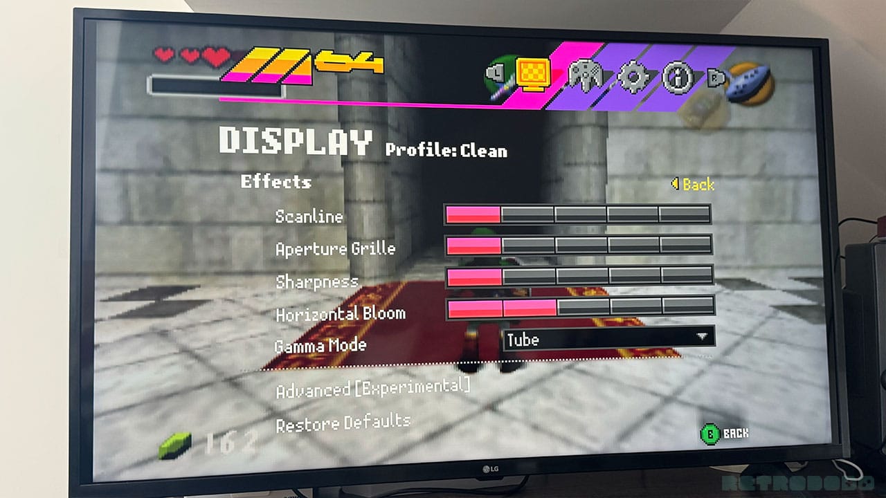 Display settings with Ocarina of Time gameplay in the background