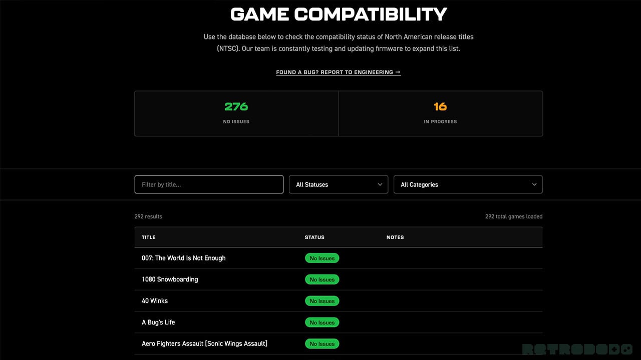 A screenshot of the Game Compatability list from ModRetro's website
