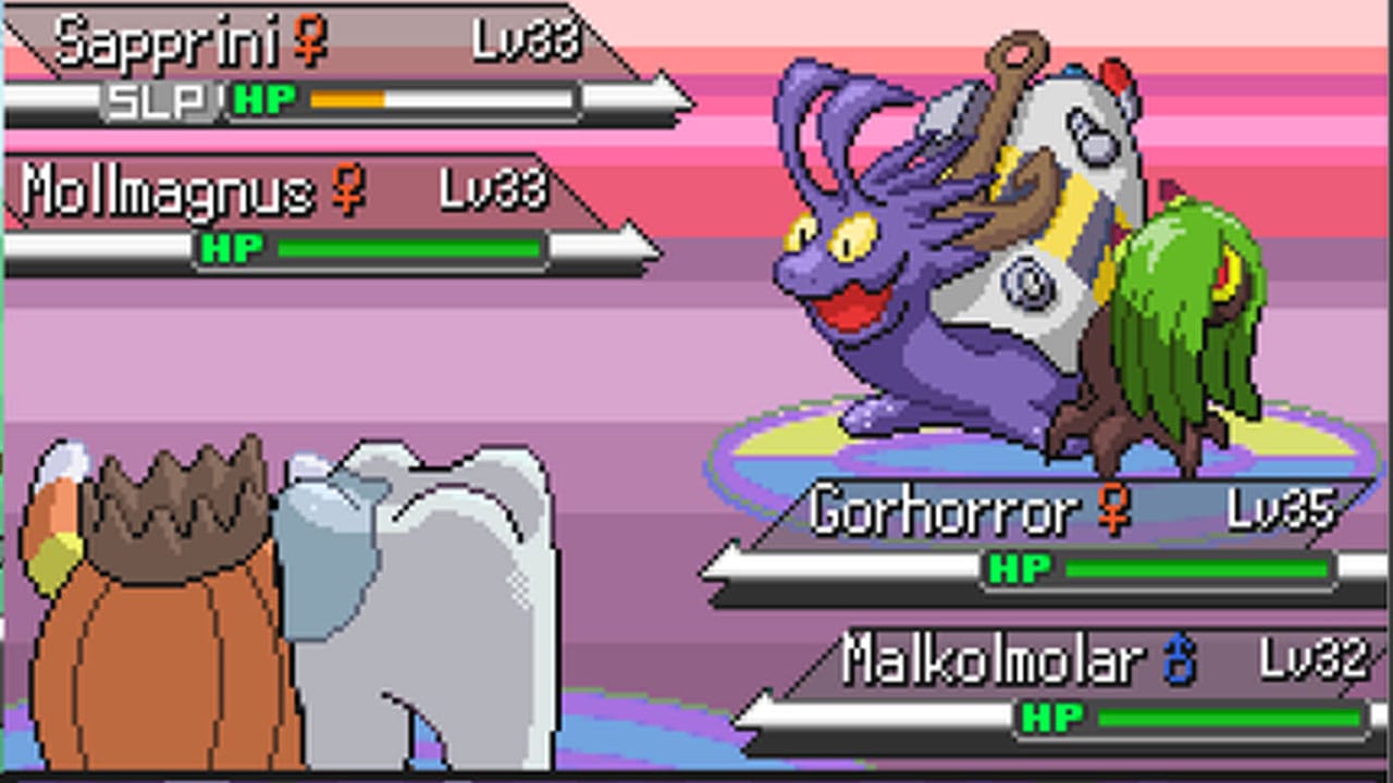A double Pokémon battle with creatures around Level 30
