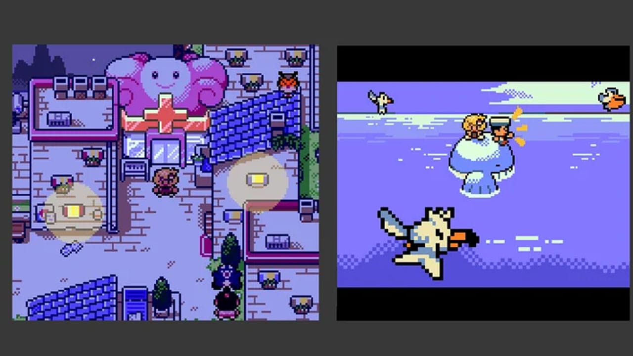 Two scenes from Pokémon victory showing a new Poke center and sitting on a Pokemon