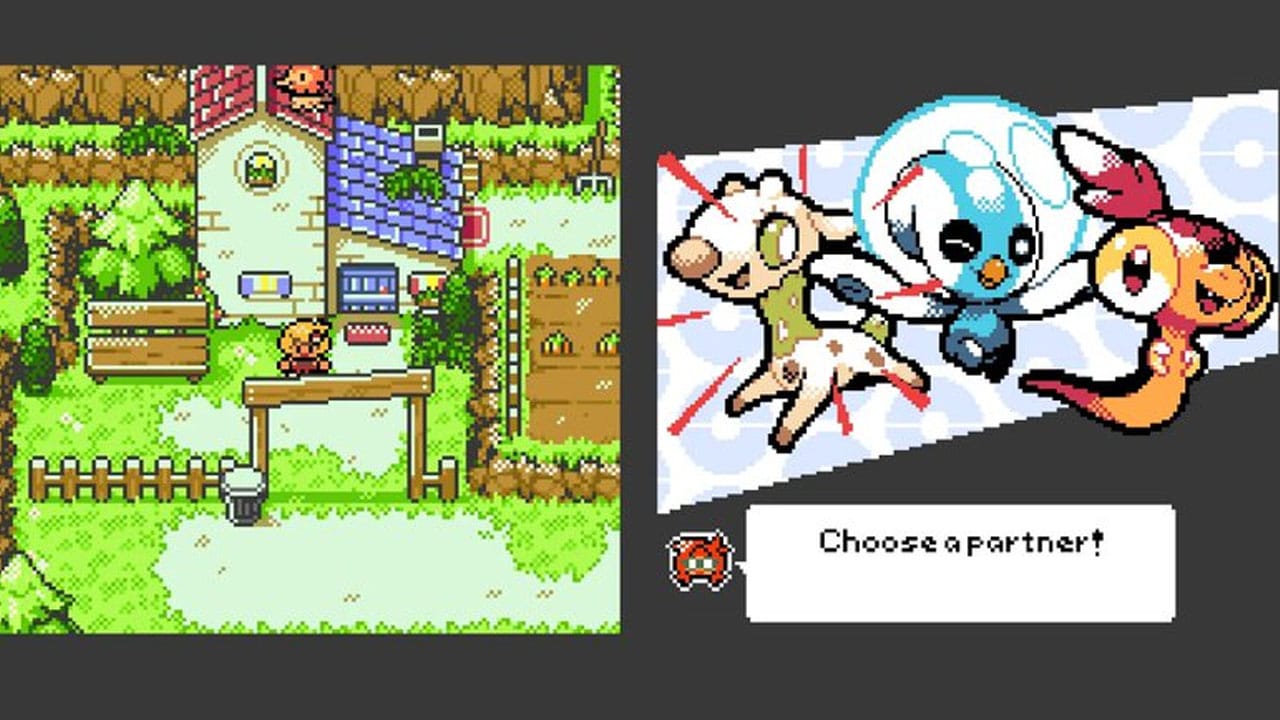New Start Pokemon and a gameplay scene standing outside a house