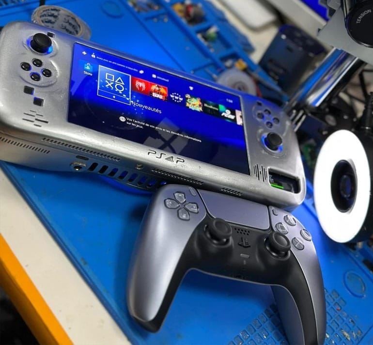 PS4 handheld with a controller underneath