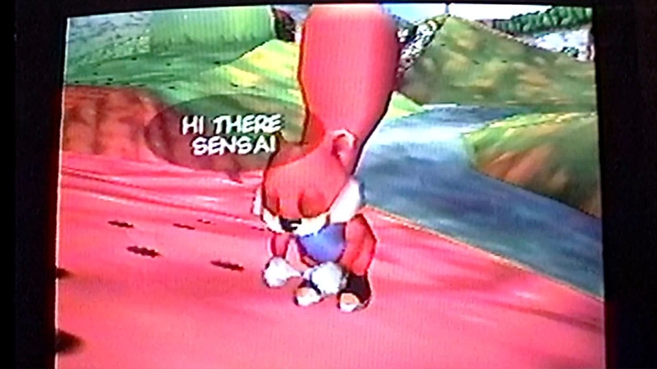 Conker bowing to a Scarecrow off camera