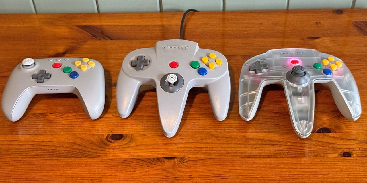 8BitDo controller (left), N64 remote (middle) and M64 pad (right)