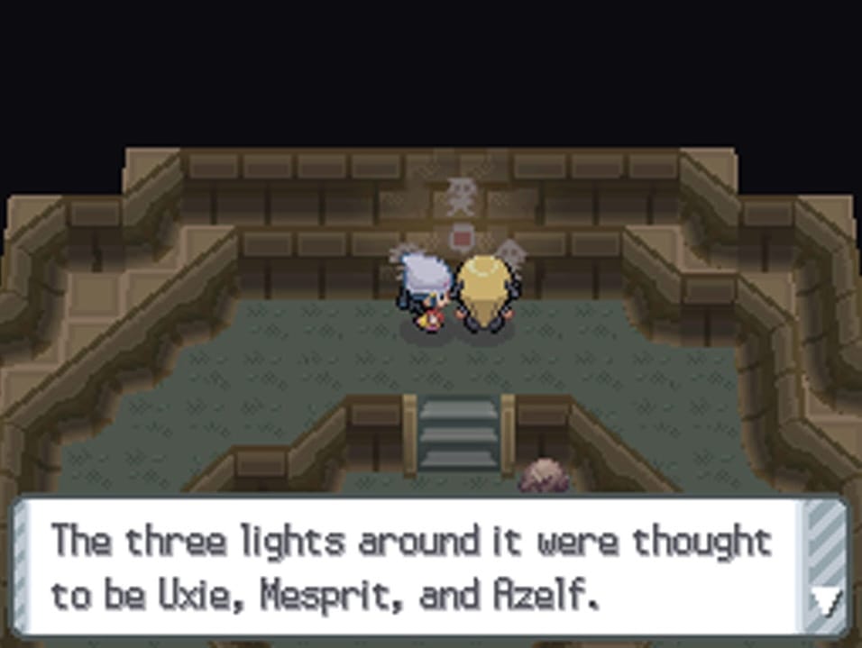 Pokémon human characters talking about symbols on a wall