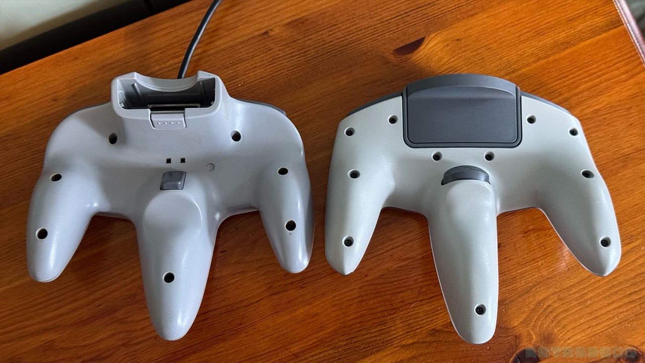 Backs of the N64 controller (left) and the M64 controller (right)