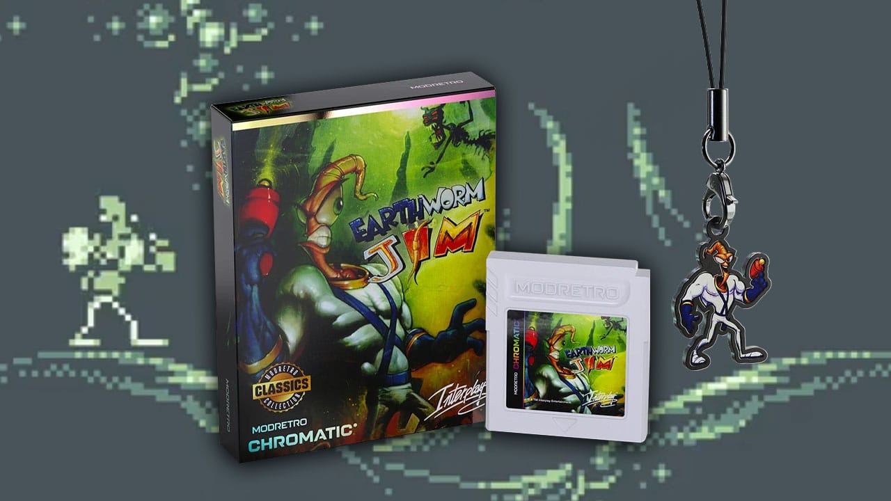 Earthworm Jim game box and cartridge with the Chromatic Charm. Both images are sitting on a gameplay still.