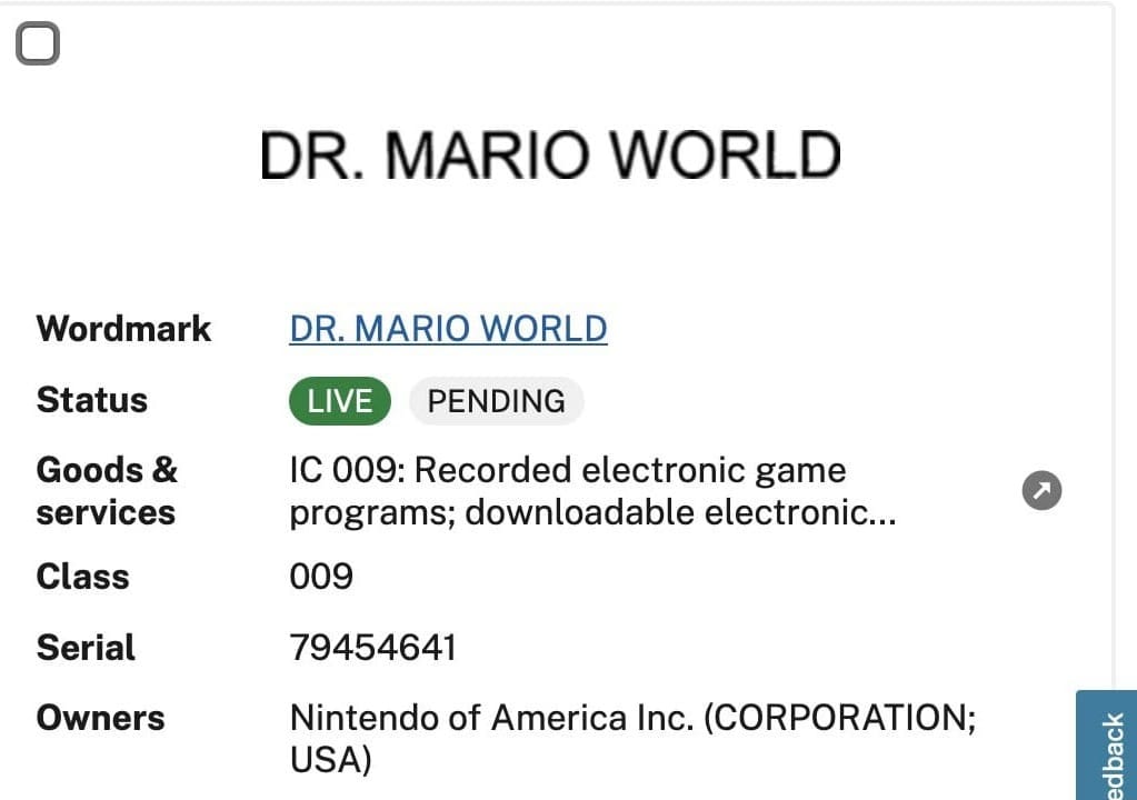 A snippet of a trademark pending info