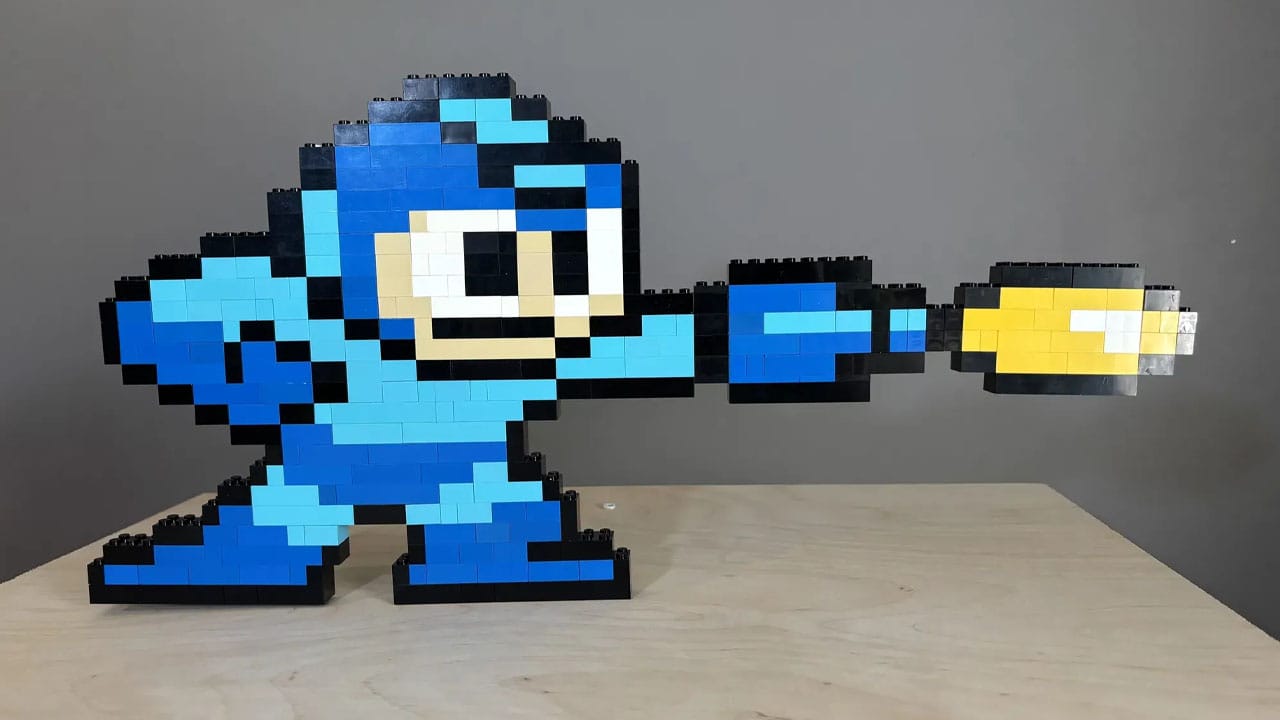 Mega Man Lego showing him firing an orb