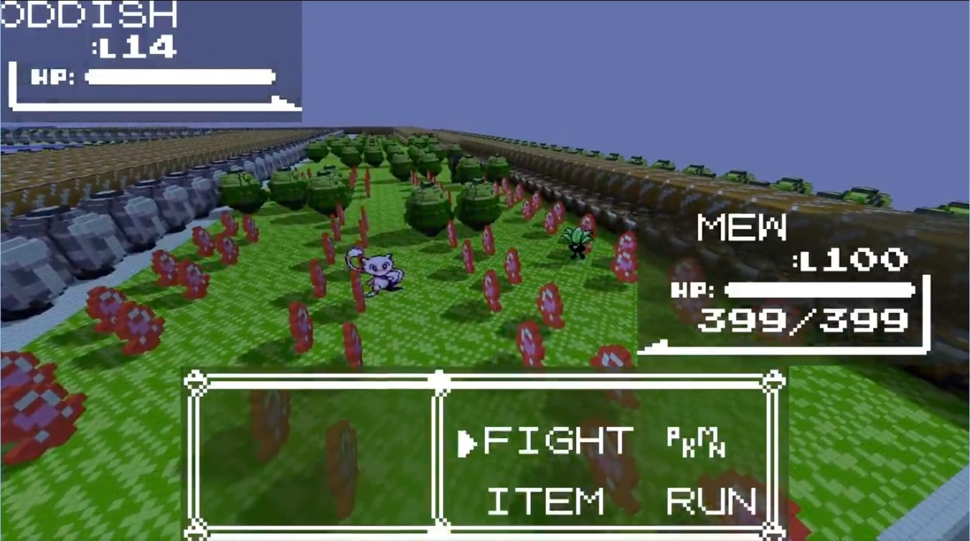 Mew fighting Oddish with a far off viewpoint