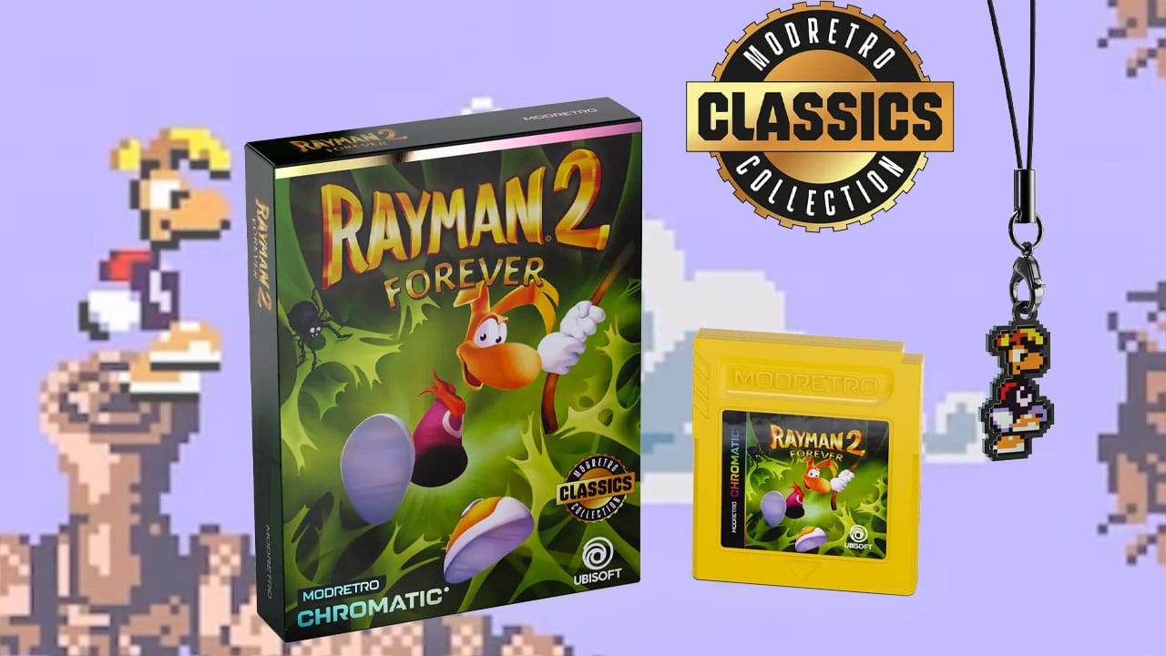Rayman 2 Forever game box and yellow cartridge with the Chromatic Charm. The images are sitting on a background of a level from the game.