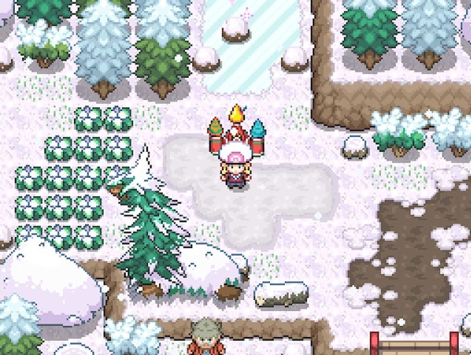Pokémon Axon snowy scene with what looks like St Basil's Cathedral behind