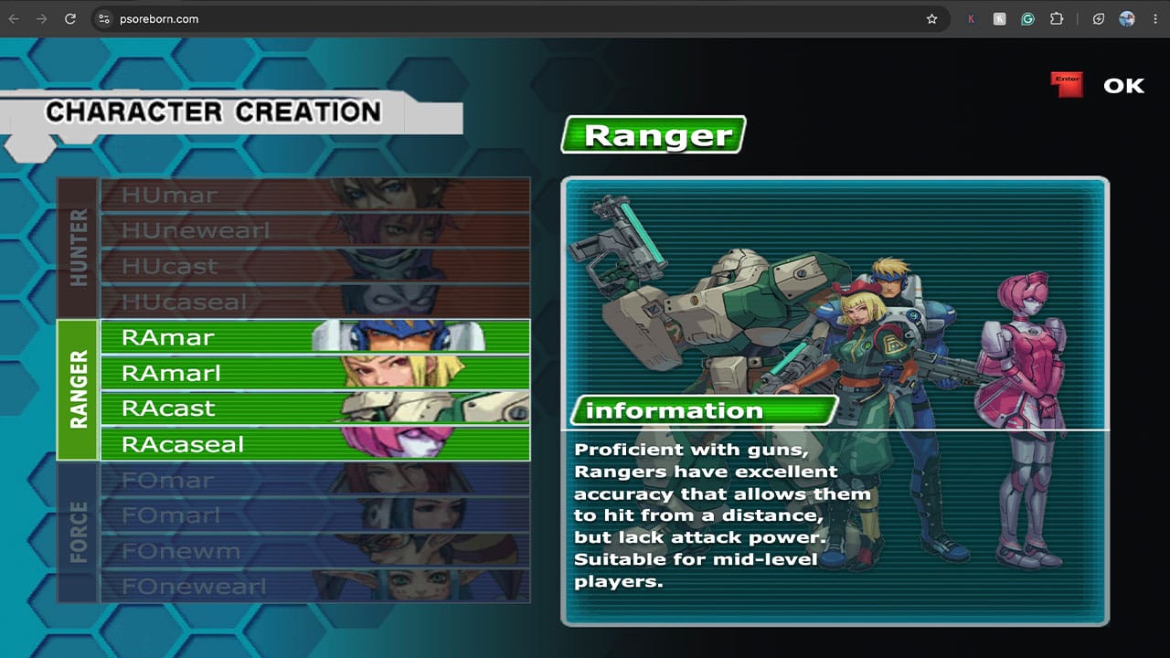 Ranger character creation in PSO Online