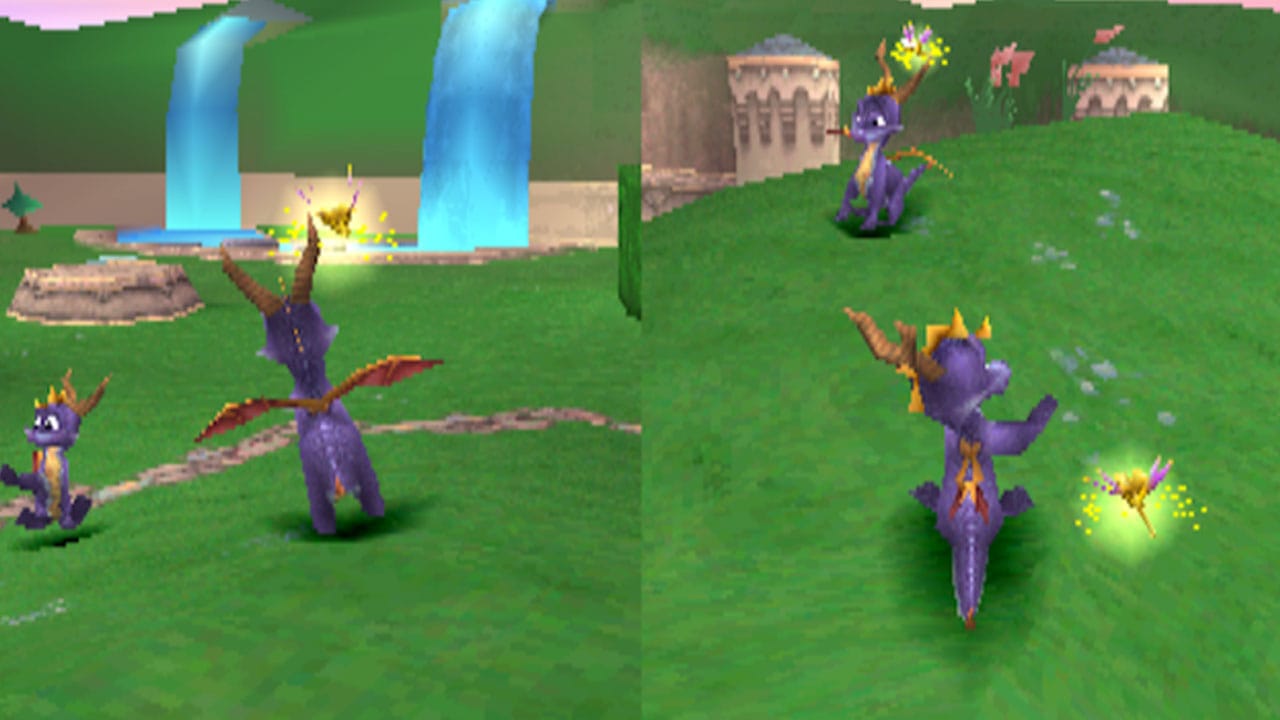Two spyros running around with vertical splitscreen