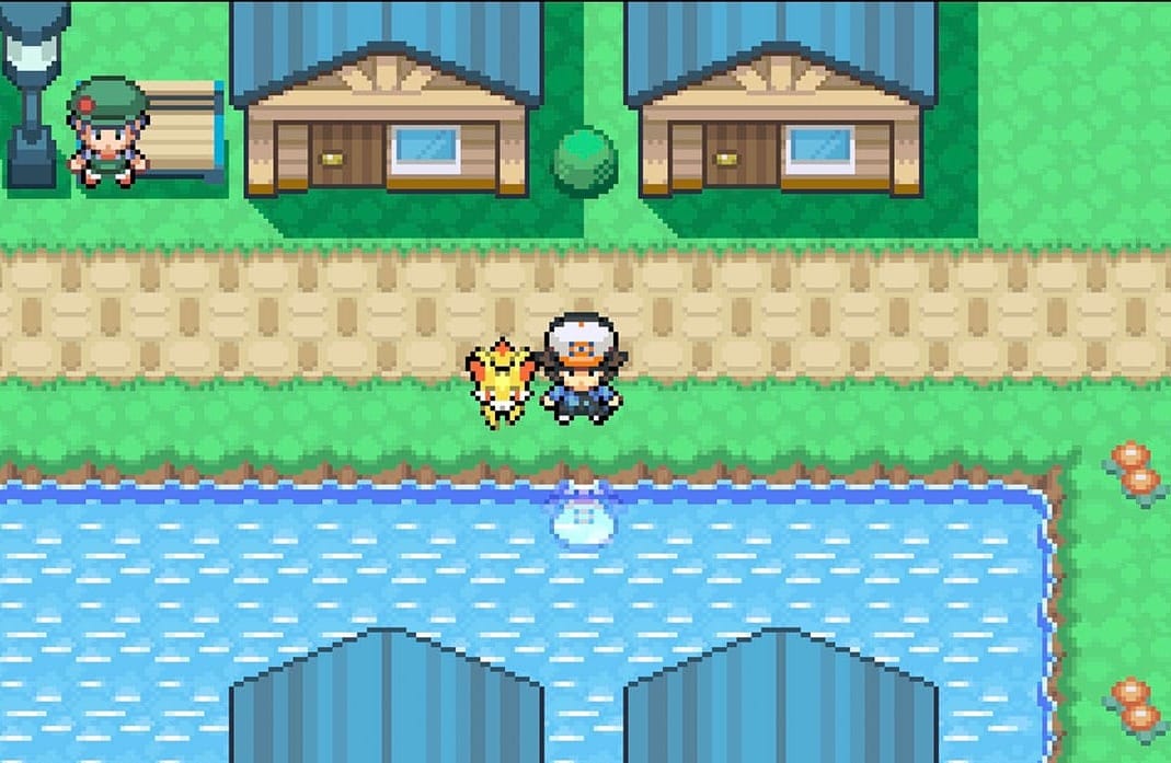 Pokémon trainer with a partner Pokémon looking into a lake