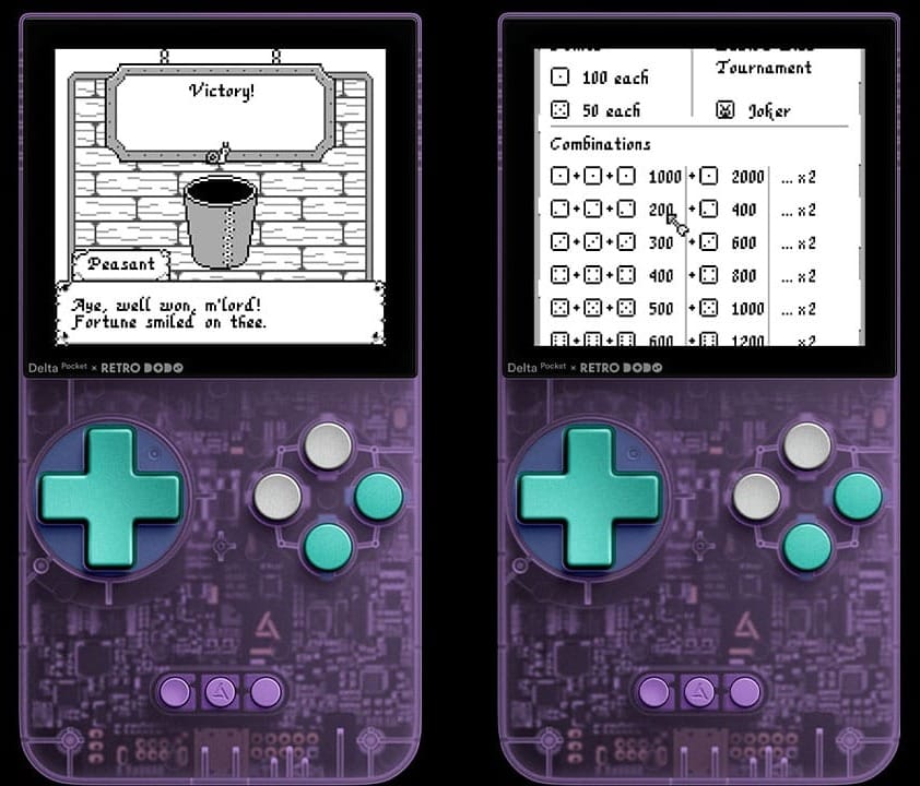 Two screens showing dialogue from Tavern Farkle (left) and the scoring system (right)