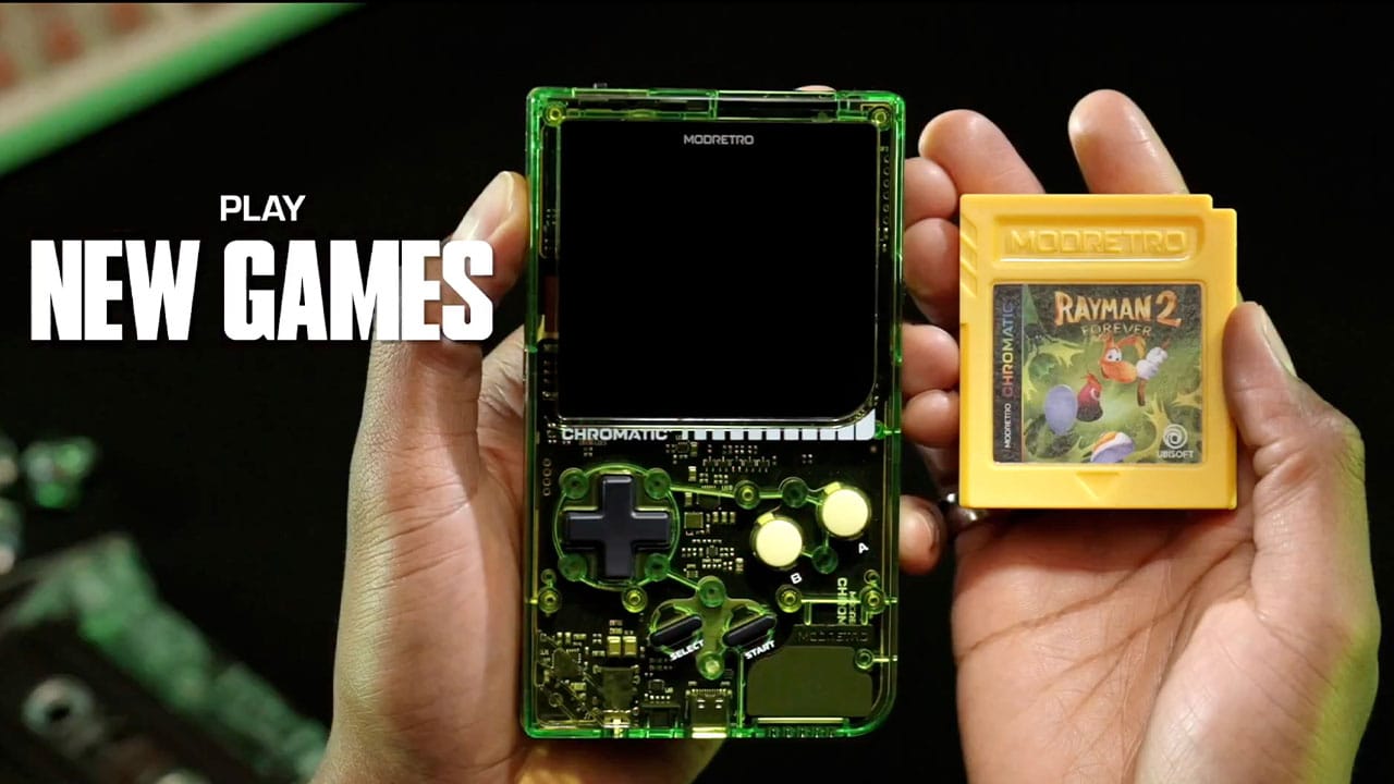 Green transparent ModRetro Chromatic with a game