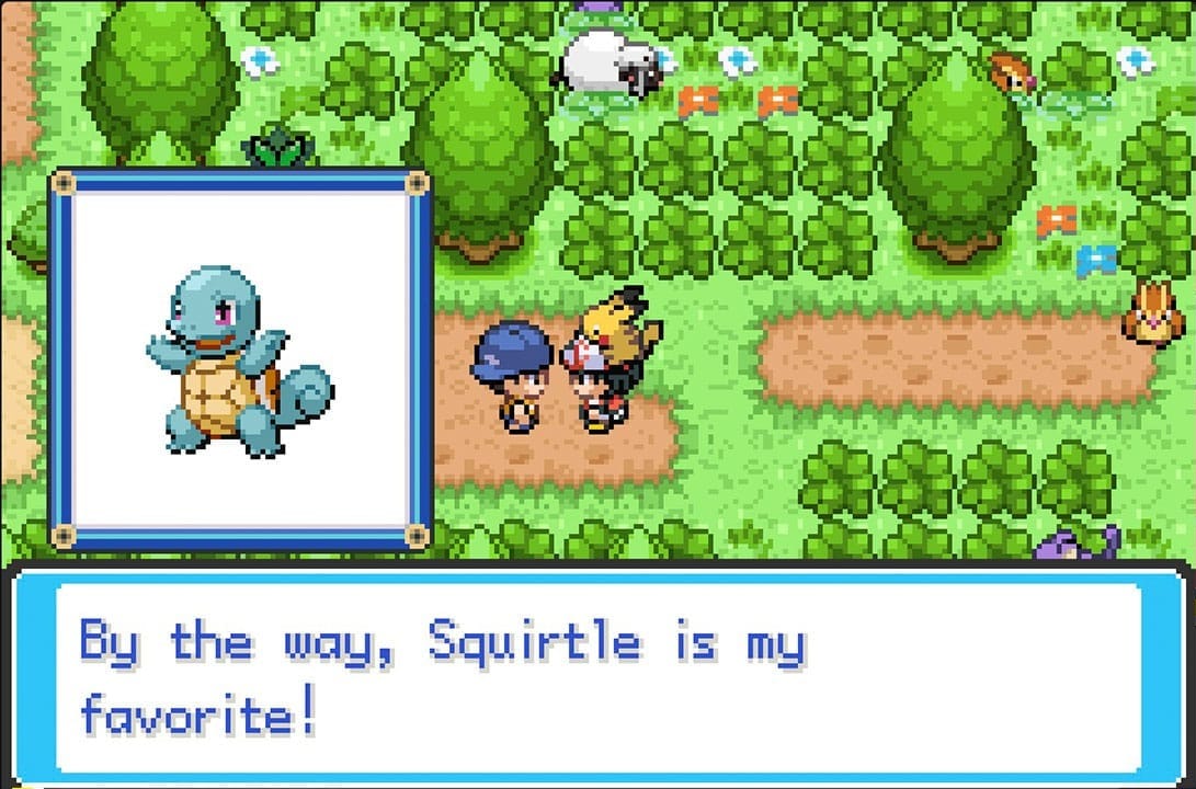 Player talking to a trainer. A picture of Squirtle sits next to them