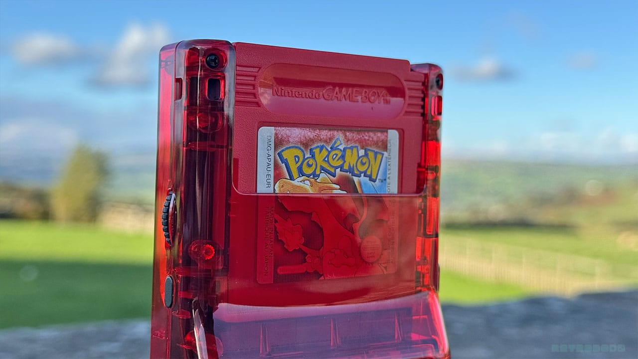Pokémon Red cartridge in a translucent chromatic