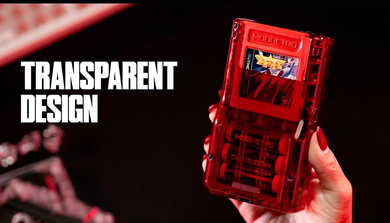 Red transparent ModRetro Chromatic with a red cartridge