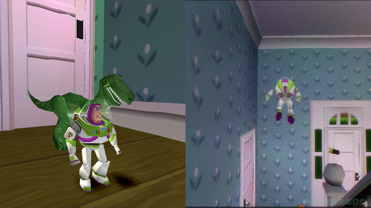 Two images of Buzz lightyear with different CRT screen display settings