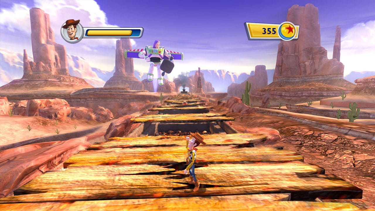 Buzz and Woody on the train in the first level of Toy Story 3