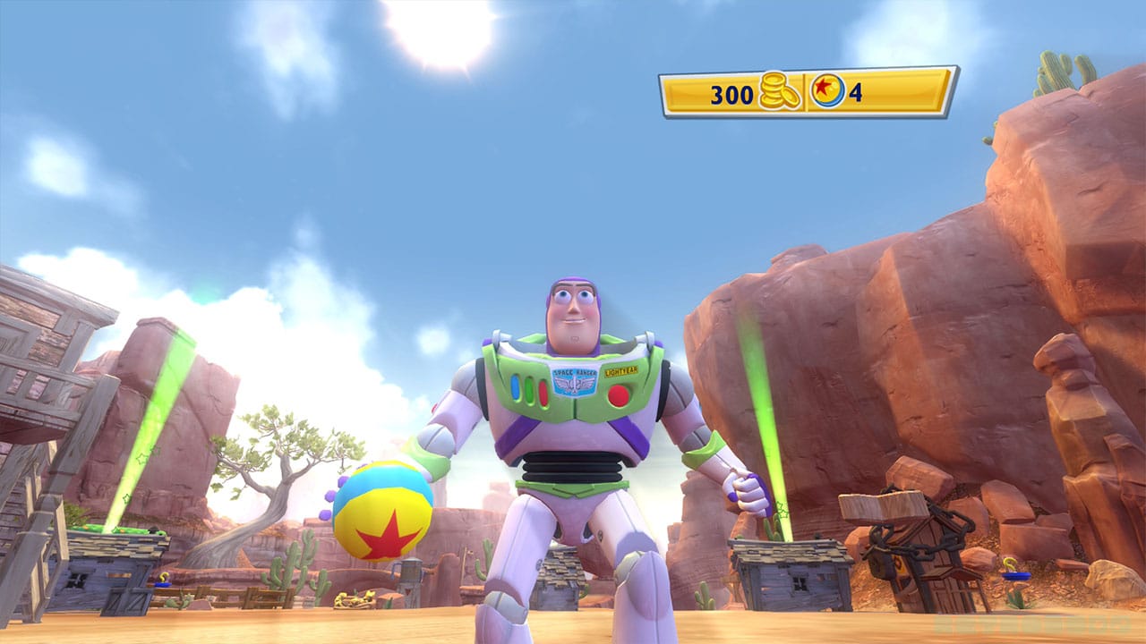 Buzz Lightyear holding a ball in the desert