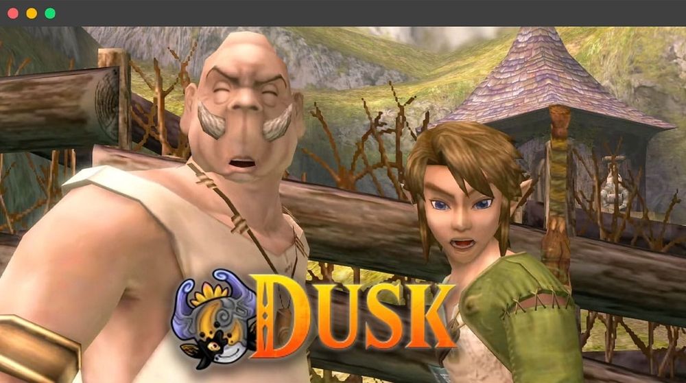 Link and the Mayor from the beginning of Twilight Princess with the Dusk logo in the middle of the screen
