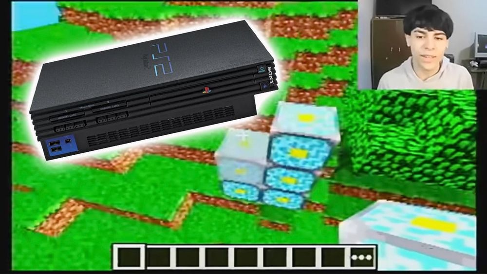 Minecraft on the PS2 with a PS2 superimposed over the image.