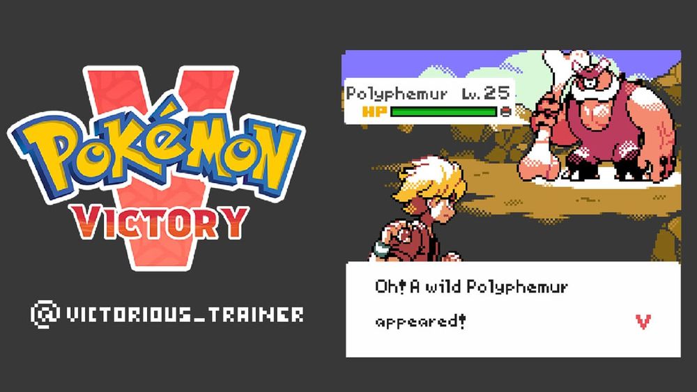 Pokémon victory logo and a battle with a Polyphemur