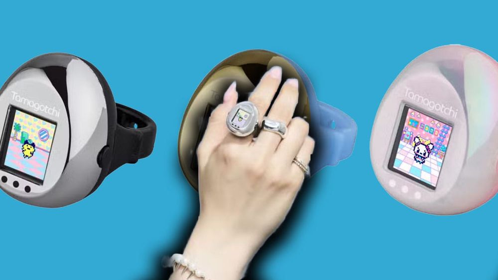 Three tamagotchi rings and someone wearing a ring on their finger