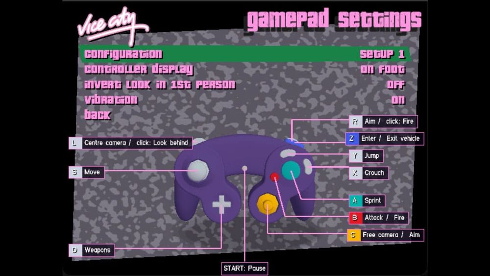 Controller options for GameCUbe Vice City Version