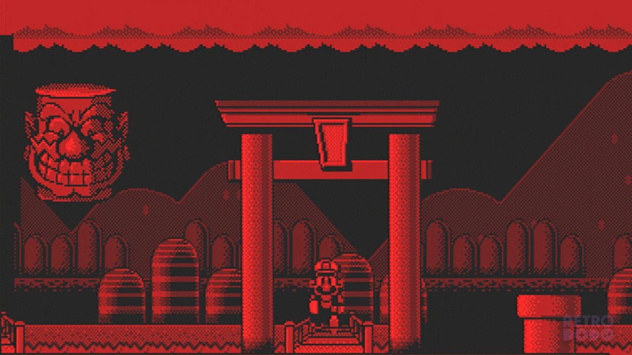 Mario running across a bridge with red graphics