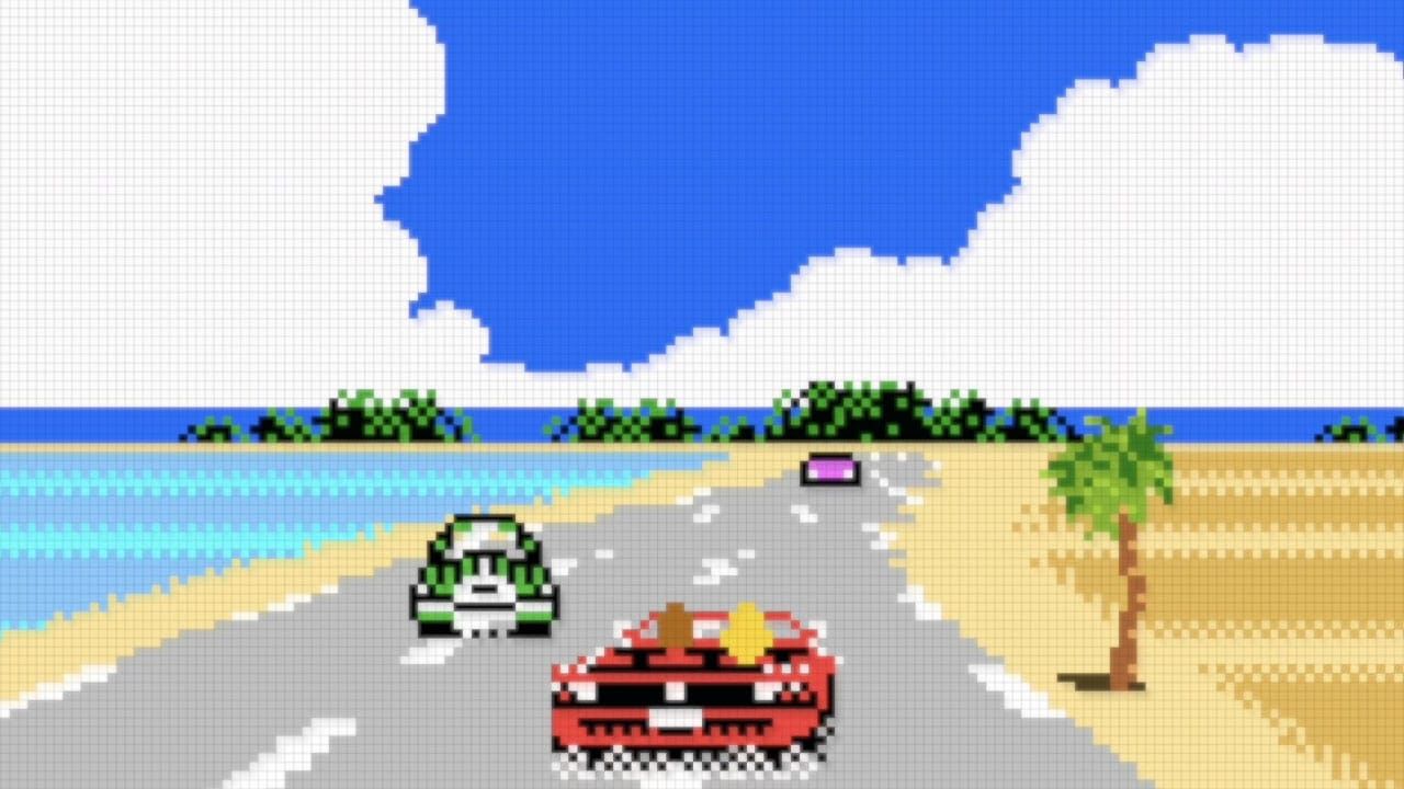 GBC graphics with cars on a road between a beach and the ocean.