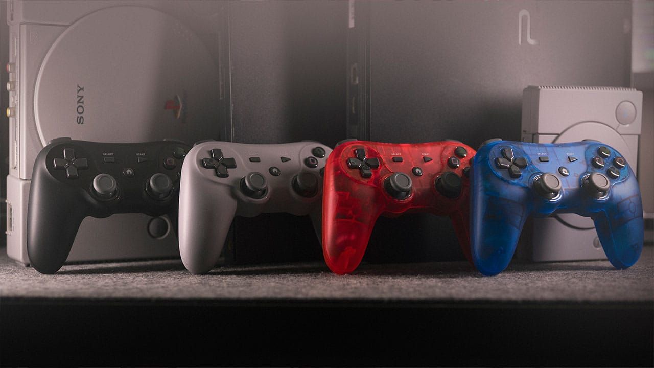 Four Defender Pro controllers in different colours from Retro Fighters
