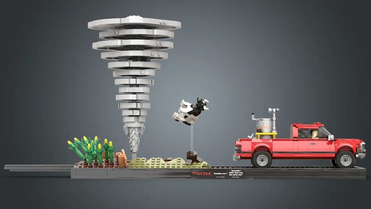 A side view of a LEGO truck, a cow, and a tornado