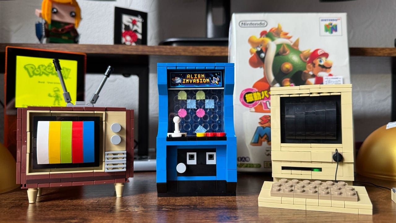 A picture featuring 3 block building sets - TV, Arcade Cabinet, and an old Apple Macintosh
