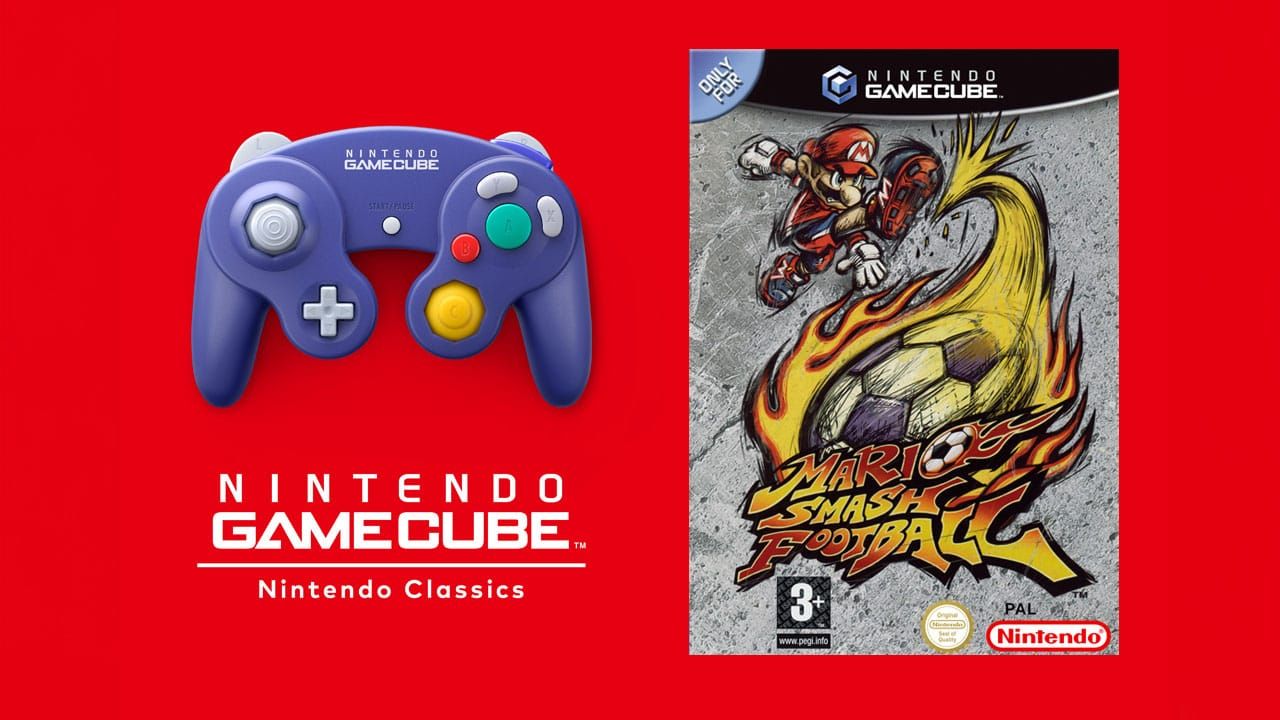A GameCube controller and the case for Mario Smash Football on a red background