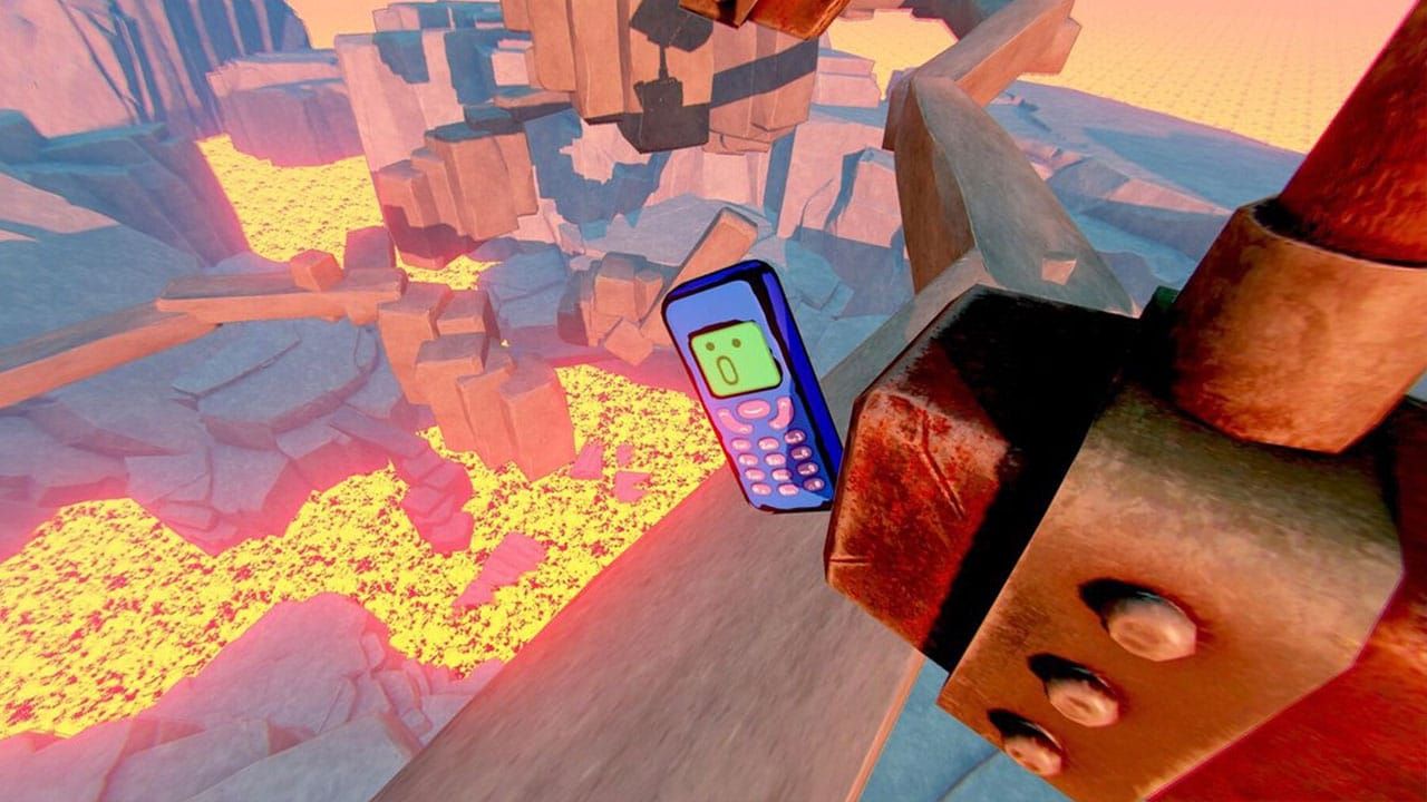 A cartoon brick phone about to fall off a piece of wood in a fiery level