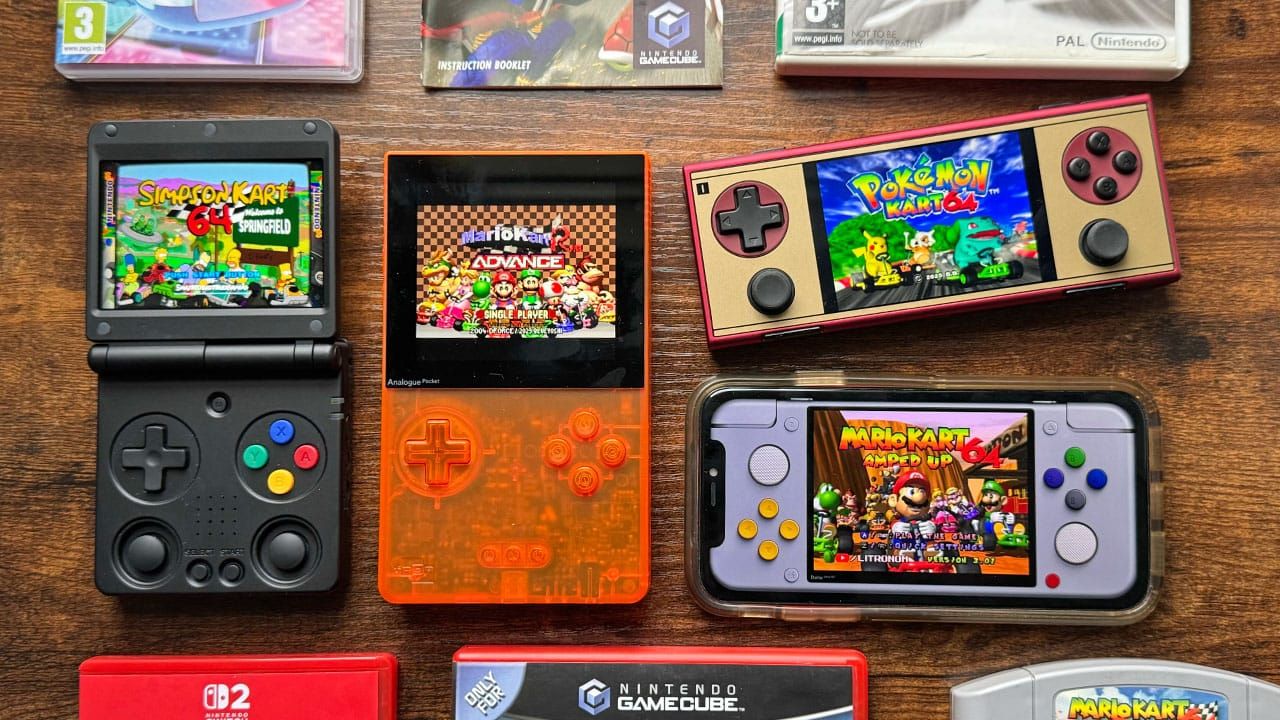 Console and games showing Mario Kart characters and logos