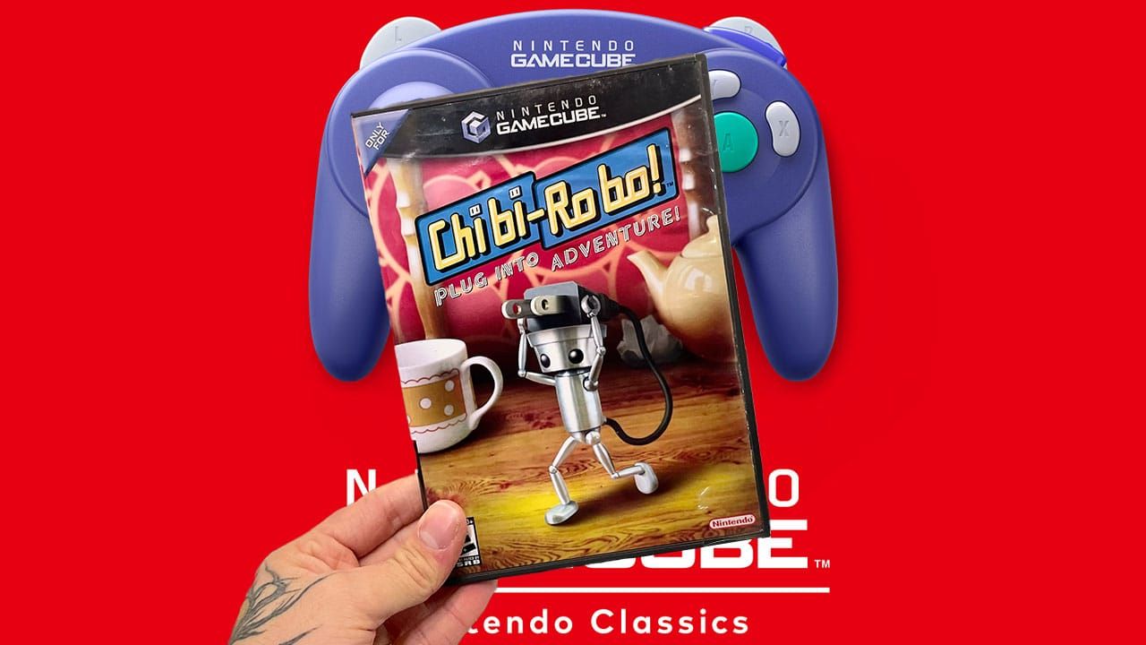 Chibi-Robo game held by Seb in front of the NSO logo 