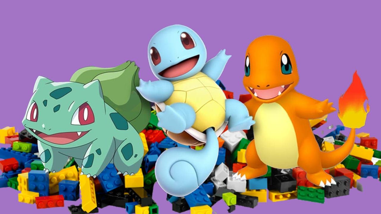 Pokémon standing on LEGO bricks