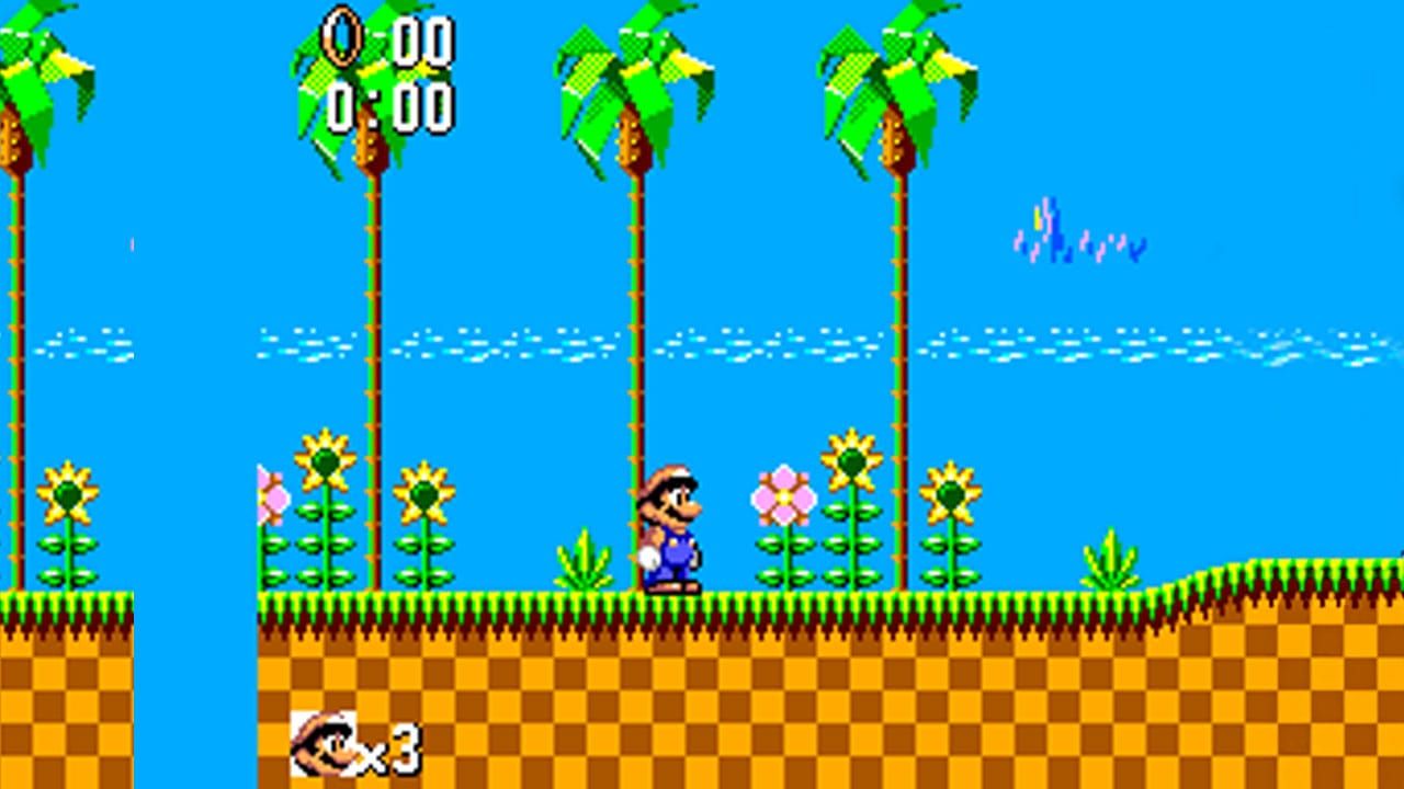 Mario standing in a Sonic the Hedgehog level