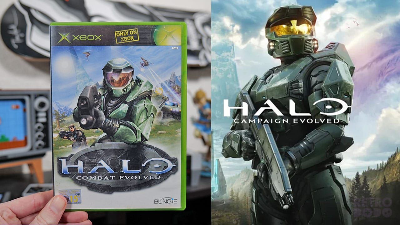 Retro Dodo copy of Halo Combat Evolved next to a promo picture for the new remake