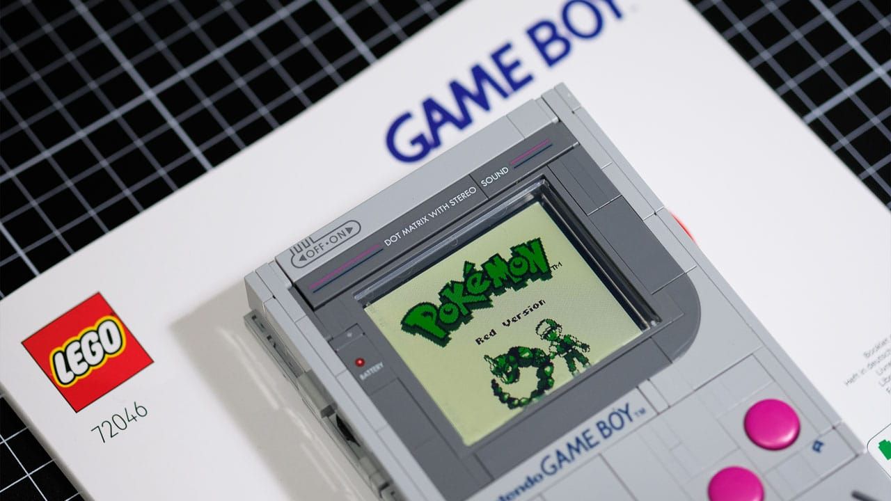 Pokemon Red playing on a LEGO Game Boy