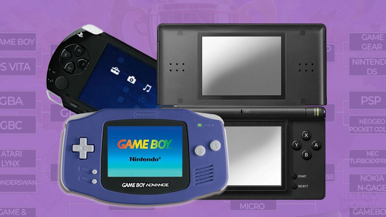 Three retro handhelds on a purple background