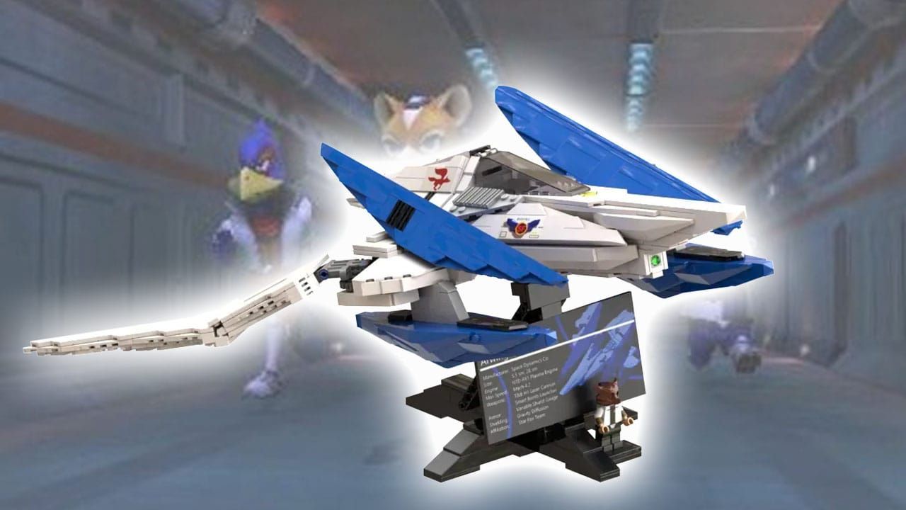 A Lego Arwing sitting over the top of the characters from Star Fox 64/Lylwat Wars running along a corridor.