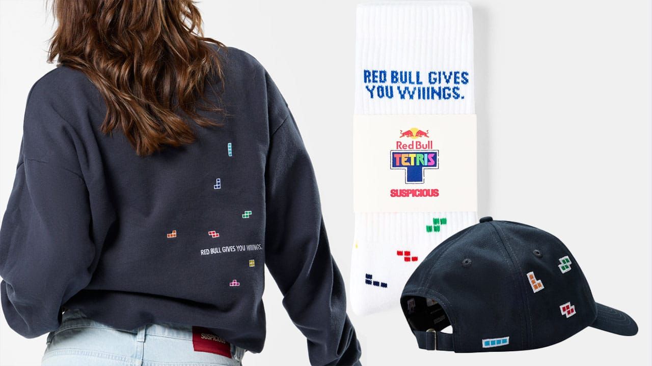 Clothing with Tetris block branding on it